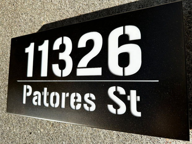 An illuminated Aluminum house sign with cool and warm white LEDs and a dawn to dusk sensor - Antique Bronze finish