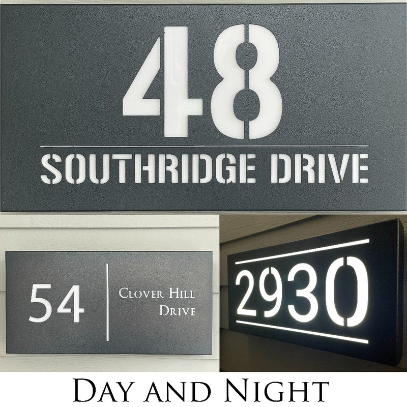 An illuminated Aluminum house sign that looks great during the day but truly shines at night with 46 LEDs and a dawn to dusk sensor - Black finish