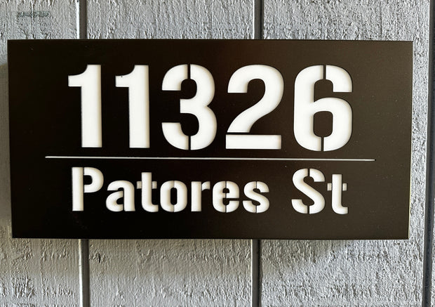 An illuminated Aluminum house sign that looks great during the day but truly shines at night with 46 LEDs and a dawn to dusk sensor - Antique Bronze finish