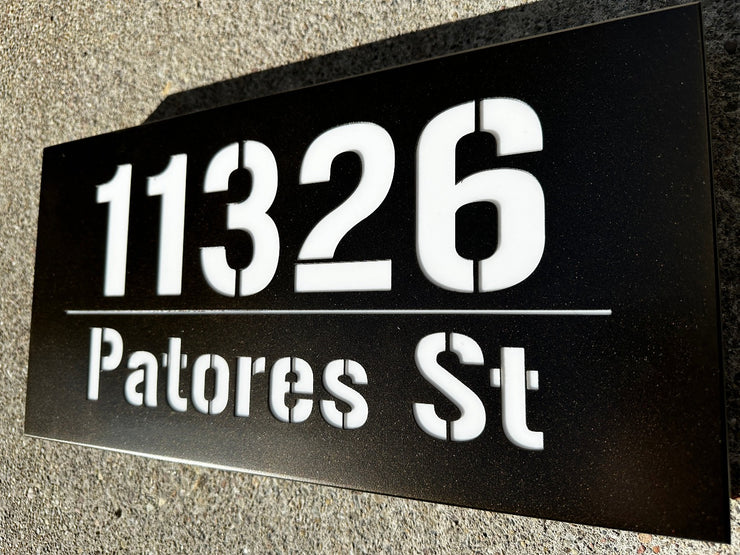 An illuminated Aluminum house sign that looks great during the day but truly shines at night with 46 LEDs and a dawn to dusk sensor - Antique Bronze finish