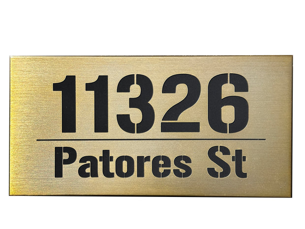 An illuminated Aluminum house sign that looks great during the day but truly shines at night with 46 LEDs and a dawn to dusk sensor - light Bronze finish