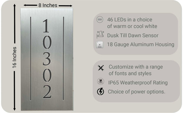 An illuminated Aluminum house sign that looks great during the day but truly shines at night with 46 LEDs and a dawn to dusk sensor - light Bronze finish vertical