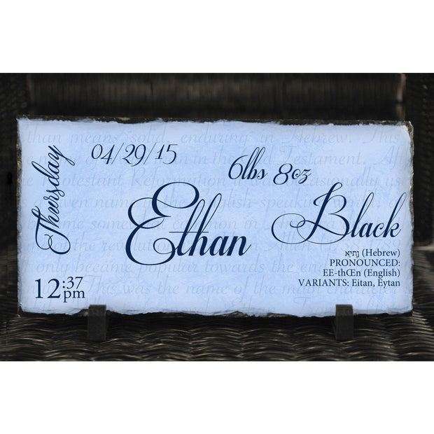 Handmade and Customizable Slate Baby Boy Name Sign With Birth Statistics - Sassy Squirrel Ink