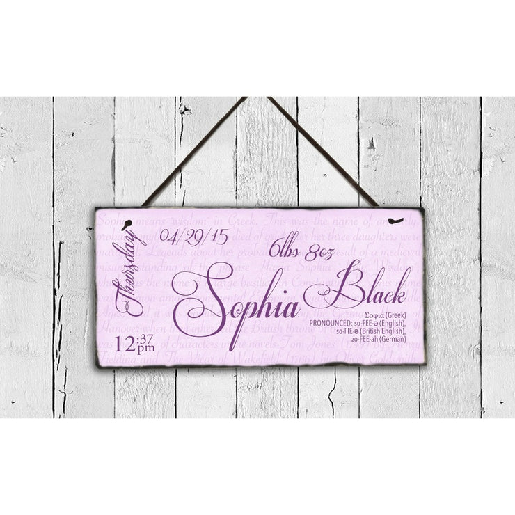 Handmade and Customizable Slate Baby Girl Name Plaque with Birth Statistics - Sassy Squirrel Ink