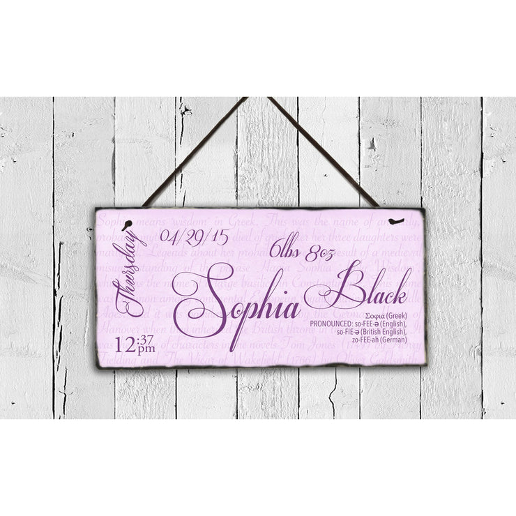 Handmade and Customizable Slate Baby Girl Name Plaque with Birth Statistics - Sassy Squirrel Ink