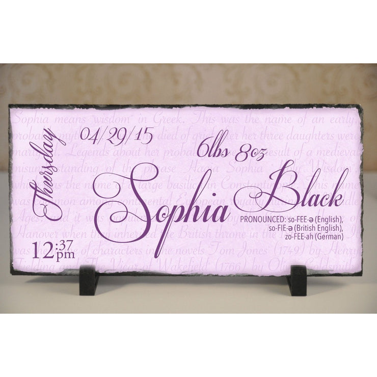 Handmade and Customizable Slate Baby Girl Name Plaque with Birth Statistics - Sassy Squirrel Ink