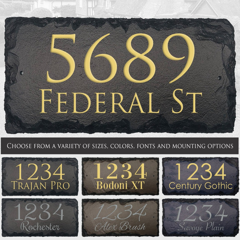 Customizable Slate Home Address House Sign - Gold, Silver or White Embossed Effect on Black, Brown or Blue - Handmade and Personalized