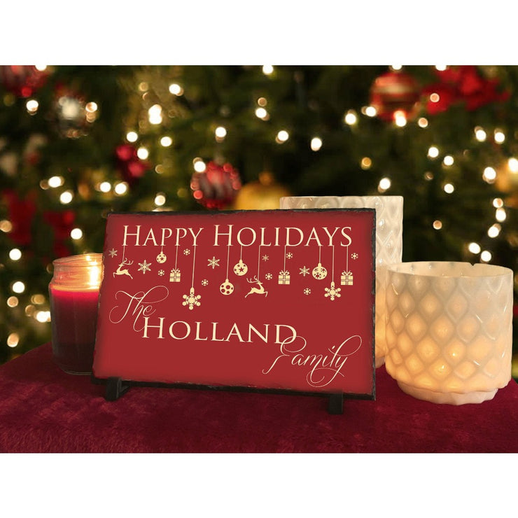 Handmade and Customizable Slate Holiday Sign - Personalized Happy Holidays Plaque - Sassy Squirrel Ink