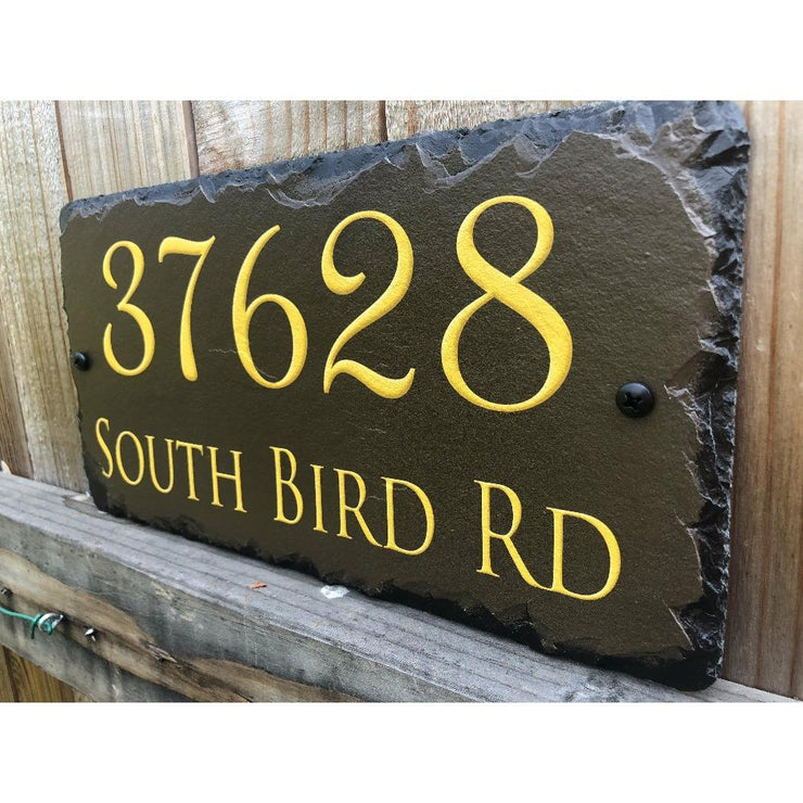 Customizable Slate Home Address House Sign - Gold or Silver Embossed Effect on Brown - Handmade and Personalized