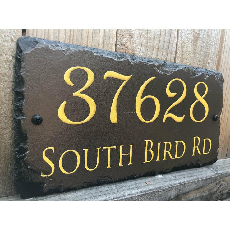 Customizable Slate Home Address House Sign - Gold or Silver Embossed Effect on Brown - Handmade and Personalized