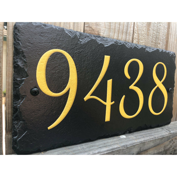 Customizable Slate Home Address House Number Sign - Gold or Silver Embossed Effect on Black - Handmade and Personalized
