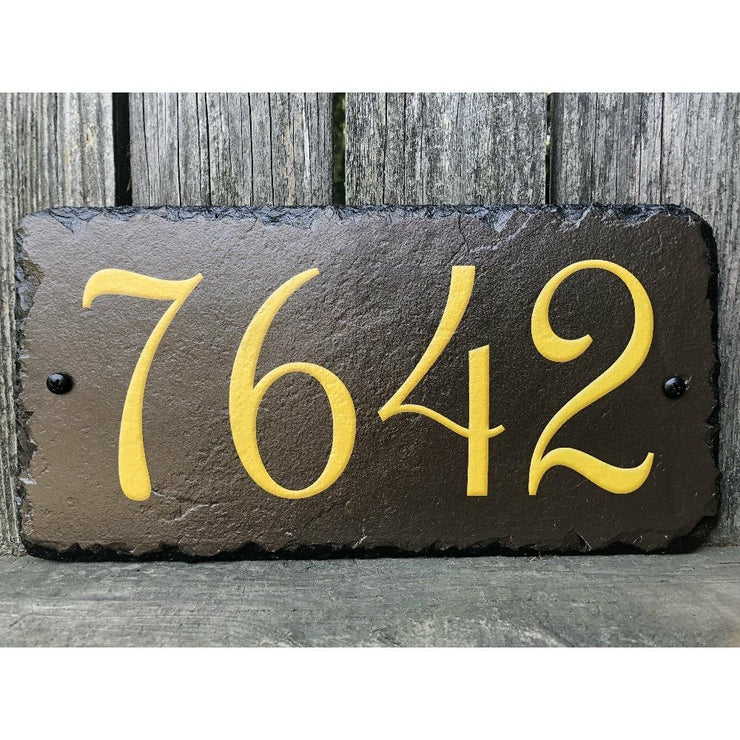 Customizable Slate Home Address House Number Sign - Gold or Silver Embossed Effect on Brown - Handmade and Personalized