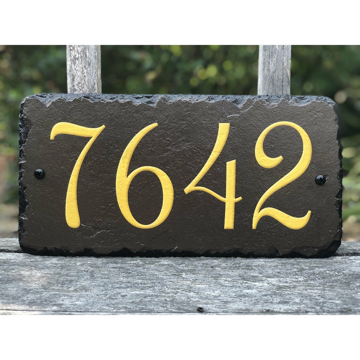 Customizable Slate Home Address House Number Sign - Gold or Silver Embossed Effect on Brown - Handmade and Personalized