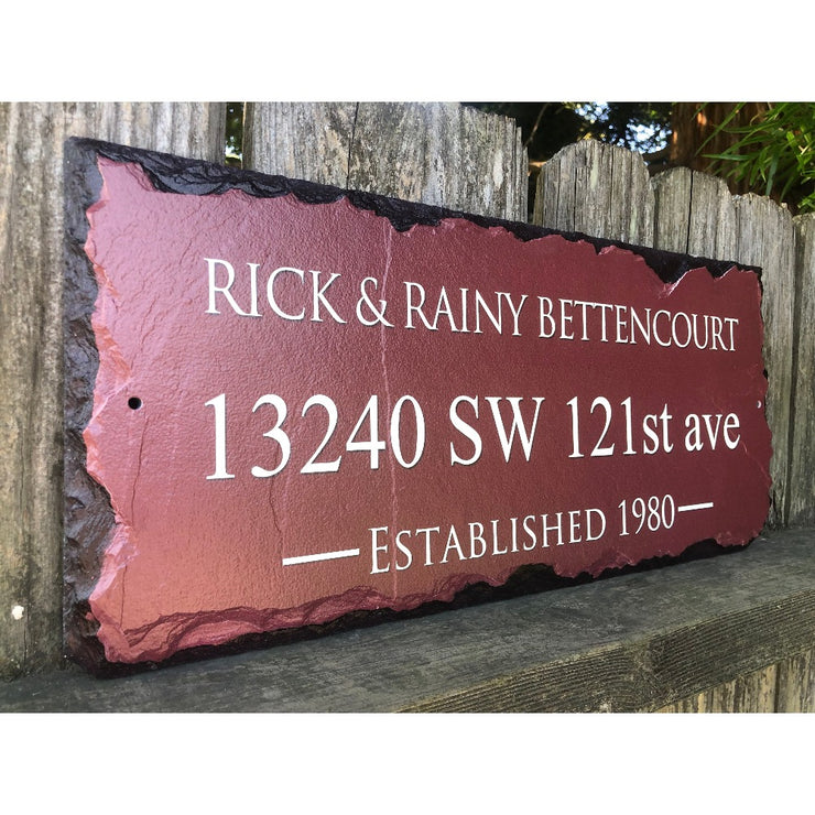 Customizable Burgundy Slate Home Address House Sign - Name, Address, Established Date Handmade and Personalized