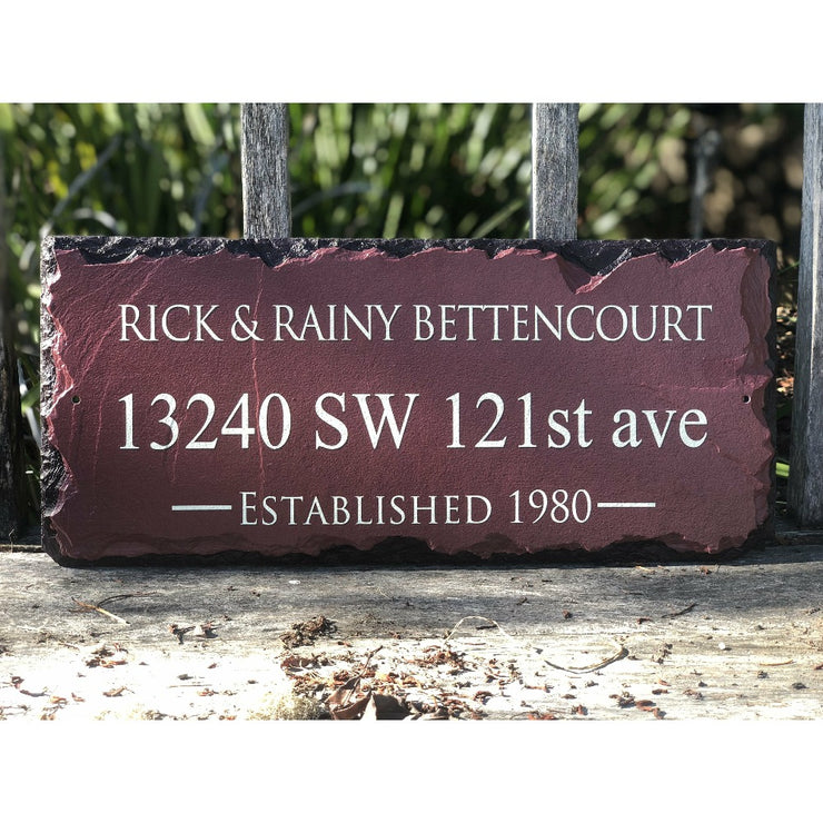 Customizable Burgundy Slate Home Address House Sign - Name, Address, Established Date Handmade and Personalized
