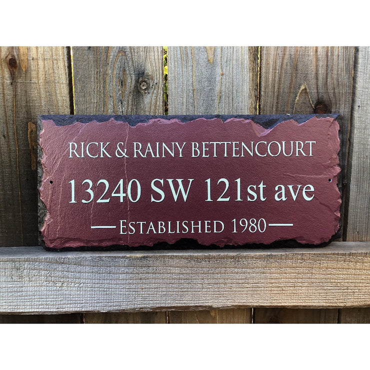 Customizable Burgundy Slate Home Address House Sign - Name, Address, Established Date Handmade and Personalized