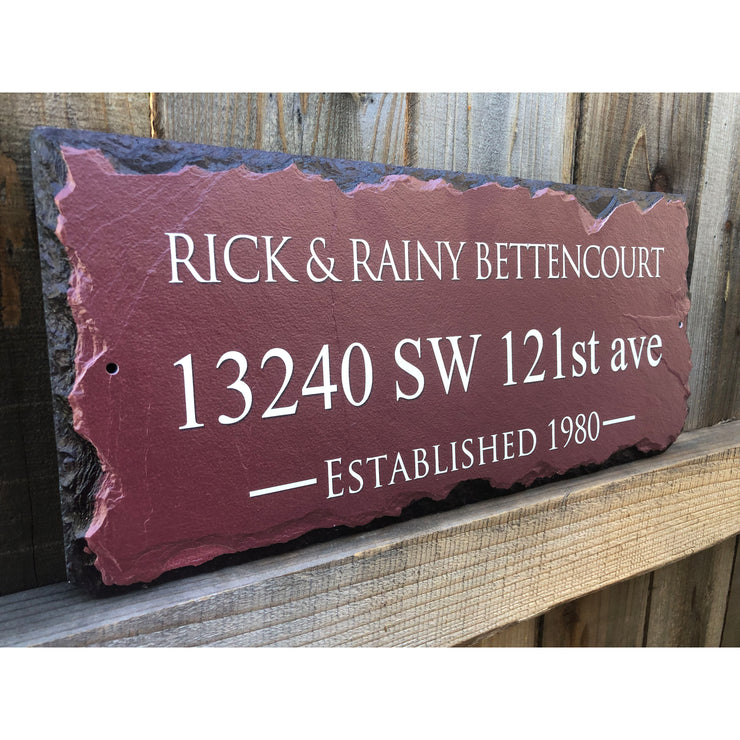 Customizable Burgundy Slate Home Address House Sign - Name, Address, Established Date Handmade and Personalized