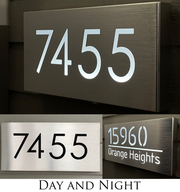 An illuminated Aluminum house sign that looks great during the day but truly shines at night with 46 LEDs and a dawn to dusk sensor -Brushed Aluminum