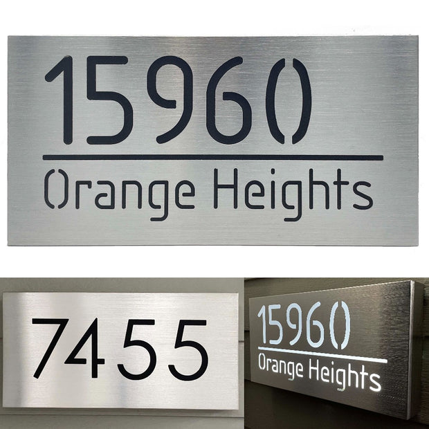 An illuminated Aluminum house sign that looks great during the day but truly shines at night with 46 LEDs and a dawn to dusk sensor -Brushed Aluminum