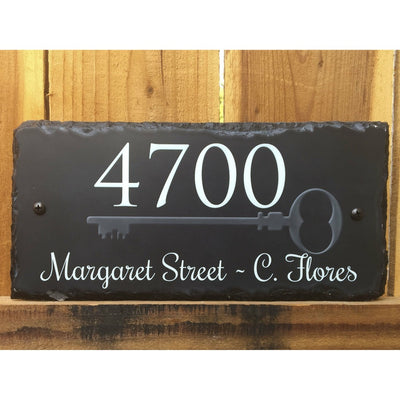 Customizable Slate Home Address House Sign - Silver Key on Black - Handmade and Personalized