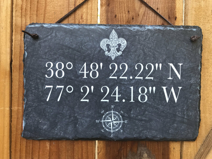 Handmade and Customizable Slate House Sign - Longitude and Latitude - Sassy Squirrel Ink