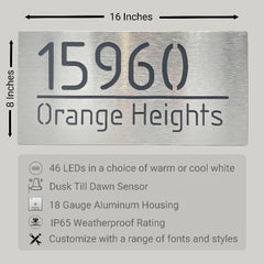 An illuminated Aluminum house sign that looks great during the day but truly shines at night with 46 LEDs and a dawn to dusk sensor - Black finish