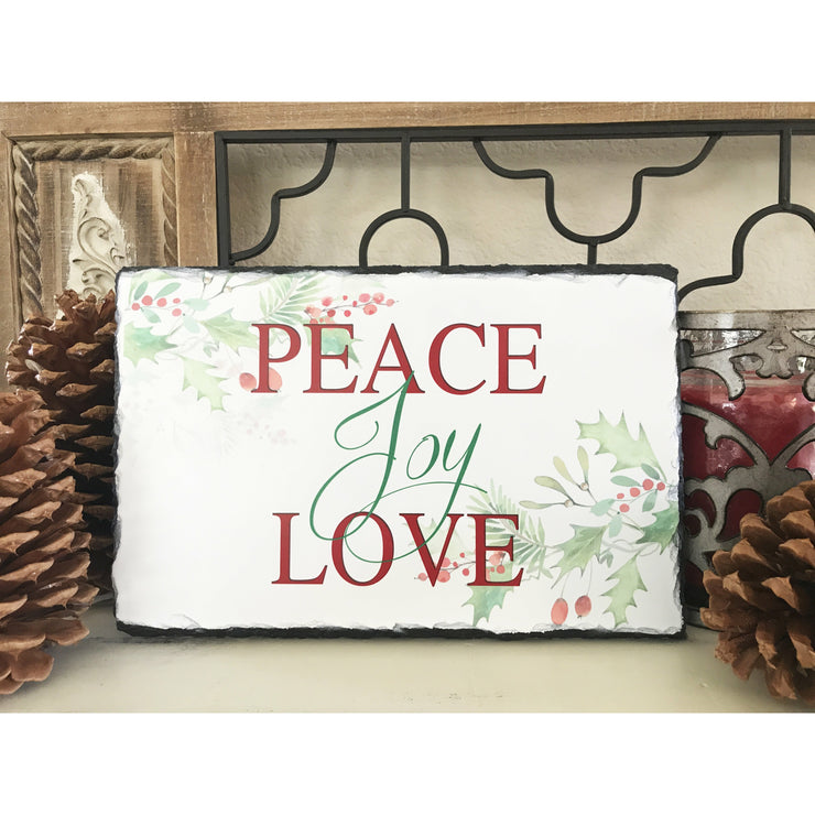 Handmade and Customizable Slate Holiday Sign - Peace Joy Love Plaque - Sassy Squirrel Ink