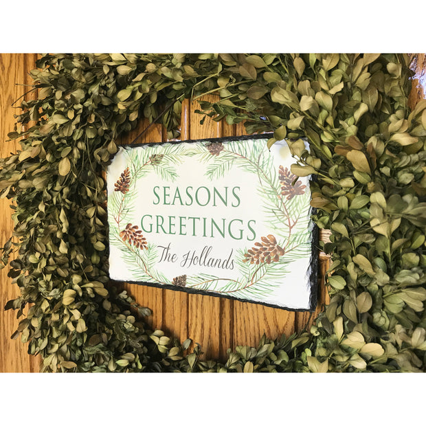 Handmade and Customizable Slate Holiday Sign - Personalized Seasons Greetings Plaque - Sassy Squirrel Ink