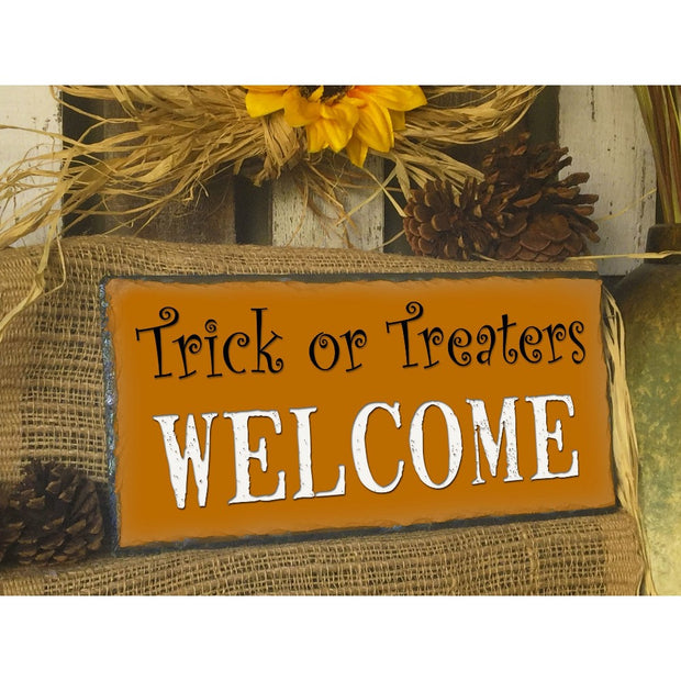 Handmade and Customizable Slate Halloween Sign - Trick or Treaters Welcome - Sassy Squirrel Ink