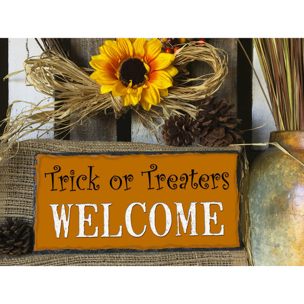 Handmade and Customizable Slate Halloween Sign - Trick or Treaters Welcome - Sassy Squirrel Ink